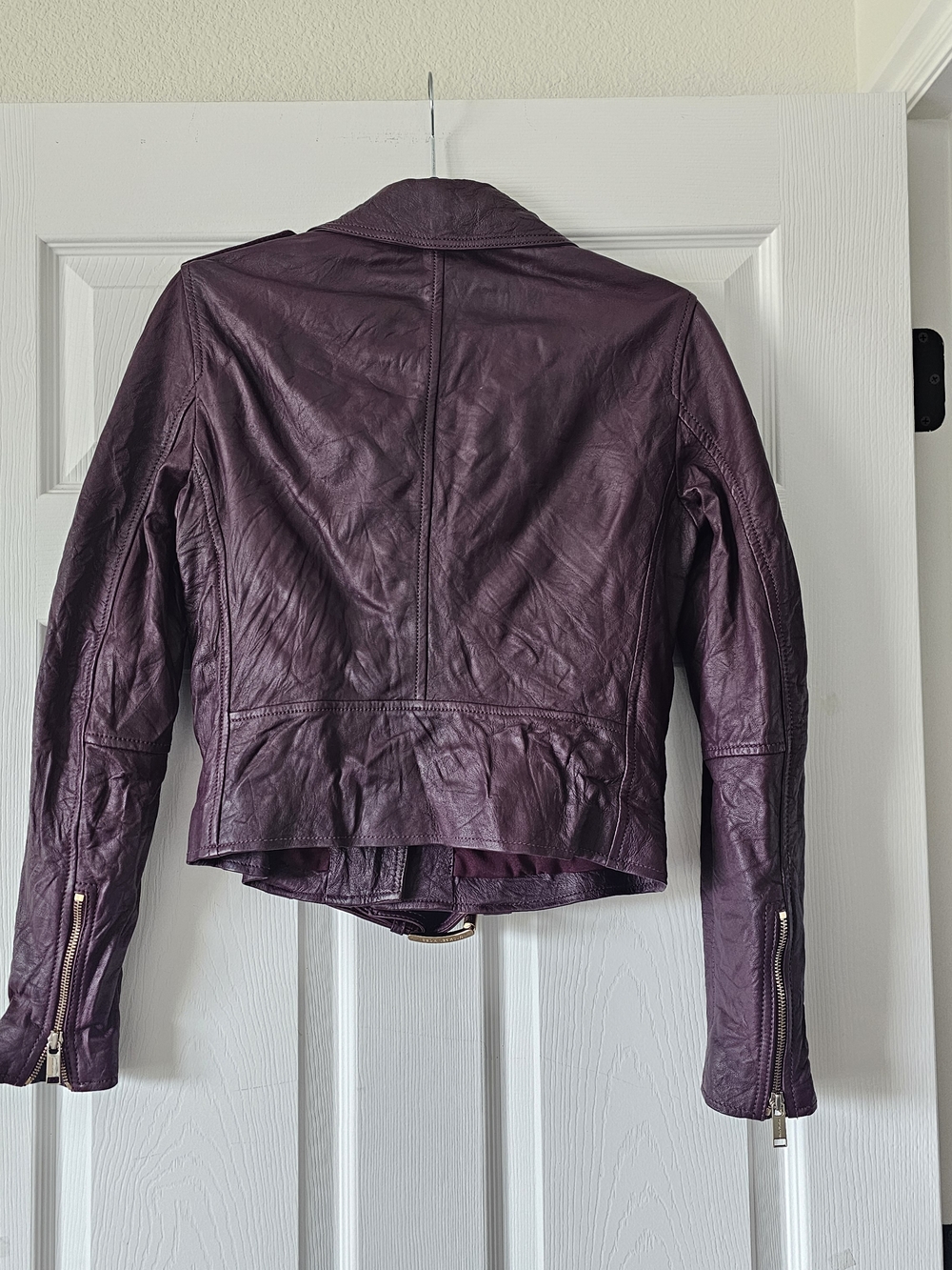 Michael Kors Lambs Leather Dark Plum Burgundy Collar Moto Jacket Biker Small #2 - Picture 3 of 9
